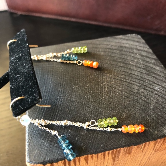 Artisan gemstone long dangle earring sterling silver trio peridot apatite 2.75” - Picture 6 of 7